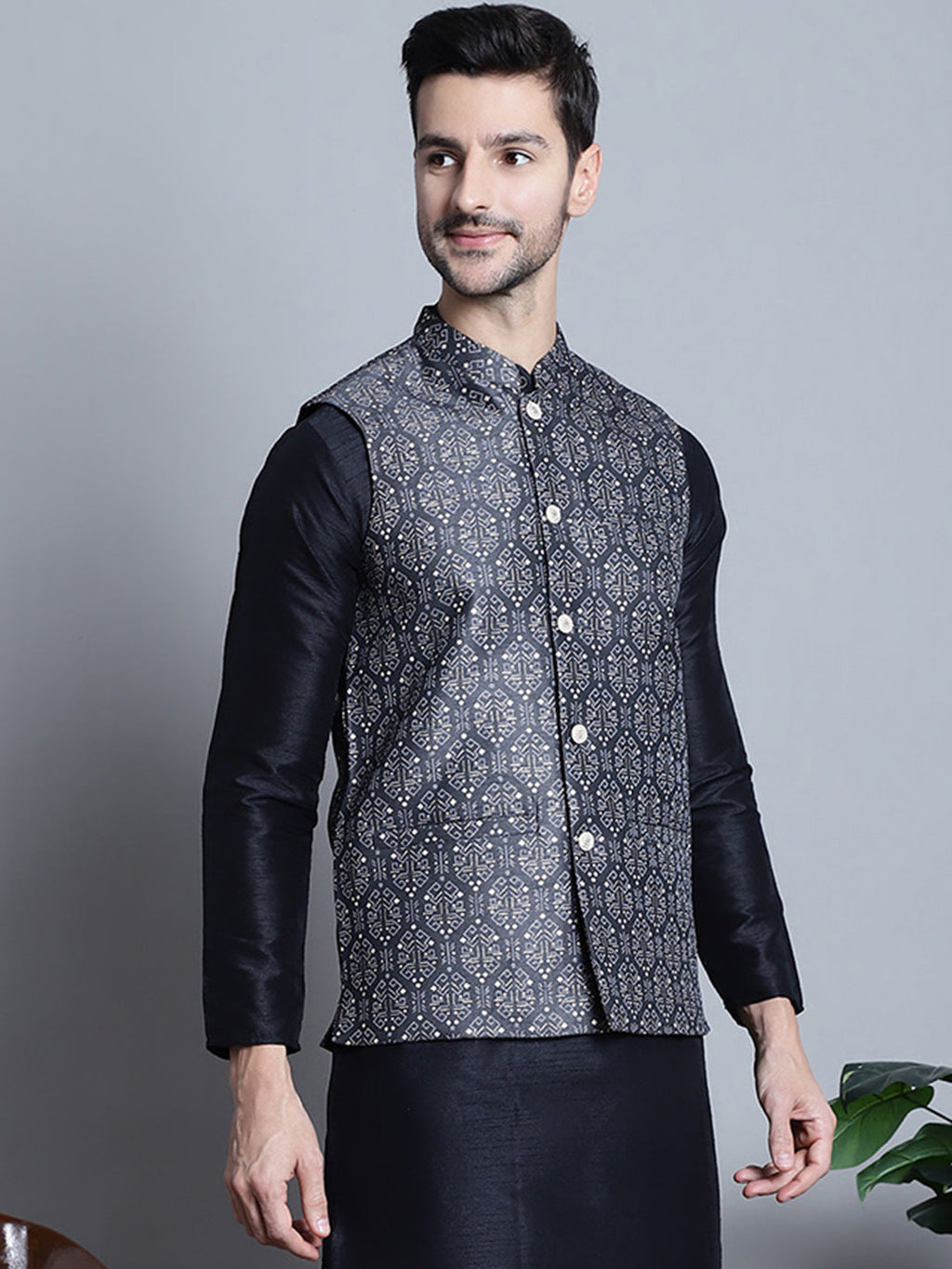Jompers Men's Printed Nehru Jacket - Charcoal | Grocsy