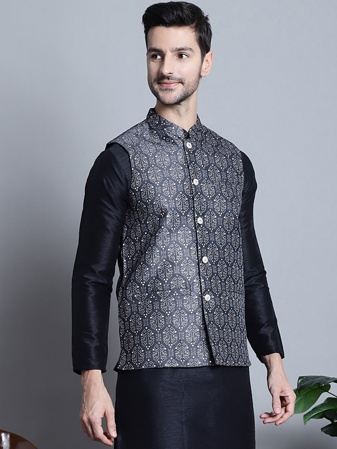 Jompers Men's Printed Nehru Jacket - Charcoal | Grocsy