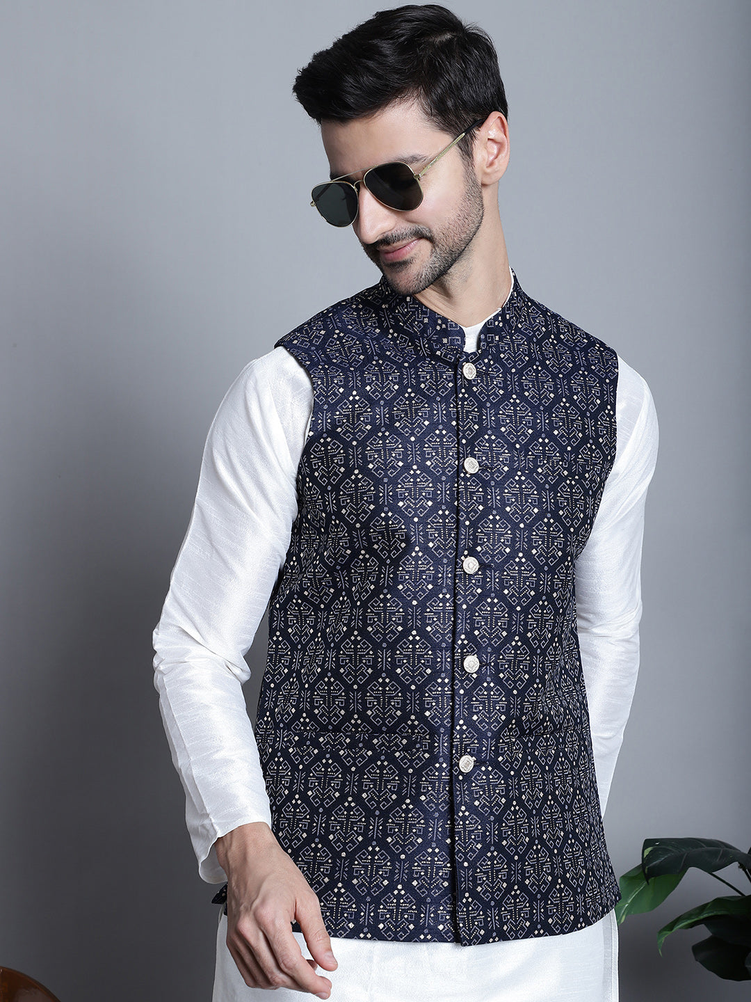 Jompers Men's Printed Nehru Jacket - Navy Blue | Grocsy