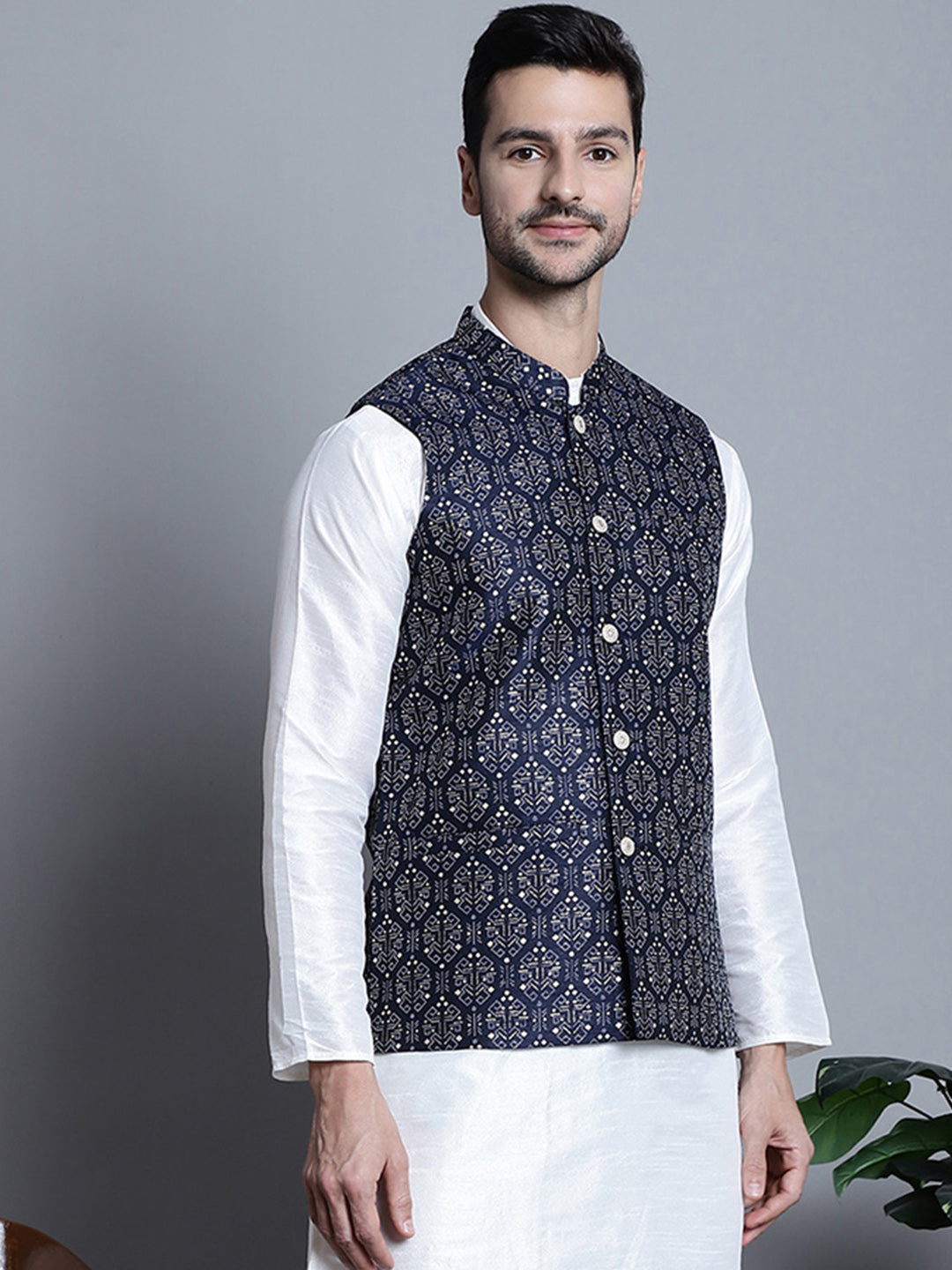 Jompers Men's Printed Nehru Jacket - Navy Blue | Grocsy