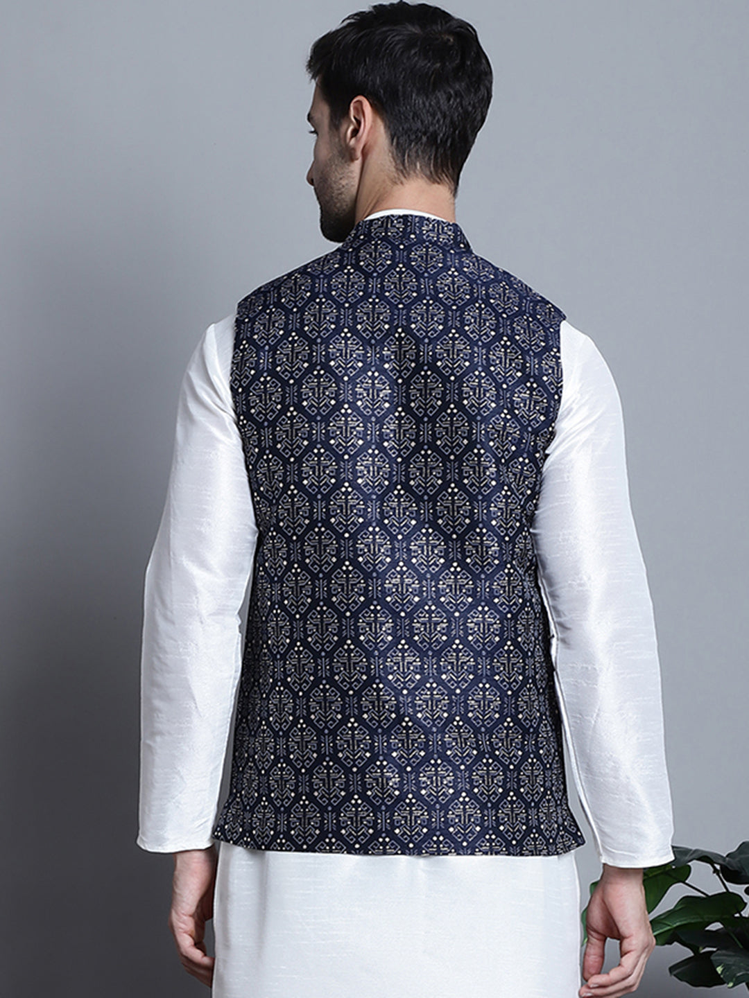 Jompers Men's Printed Nehru Jacket - Navy Blue | Grocsy