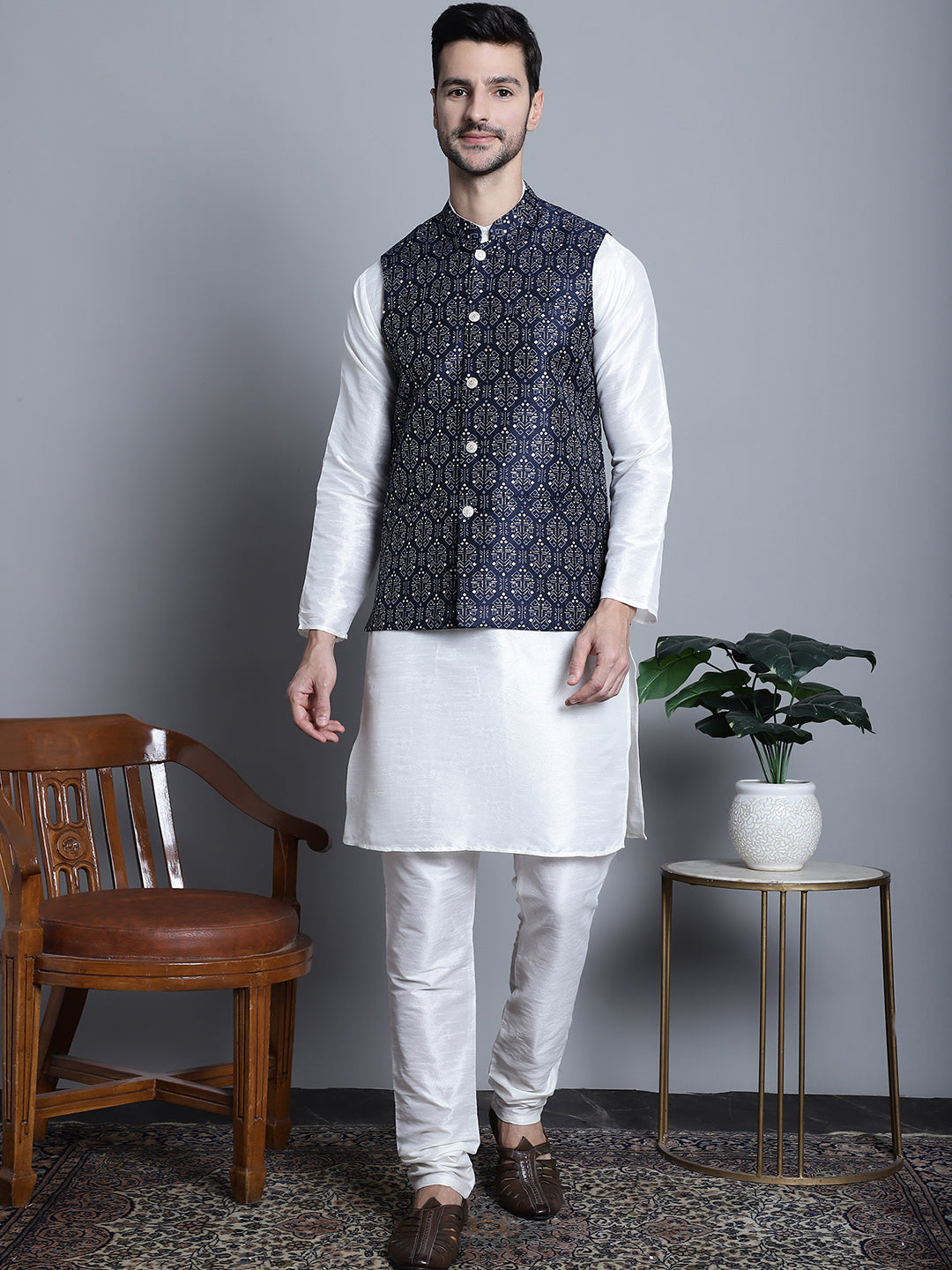 Jompers Men's Printed Nehru Jacket - Navy Blue | Grocsy