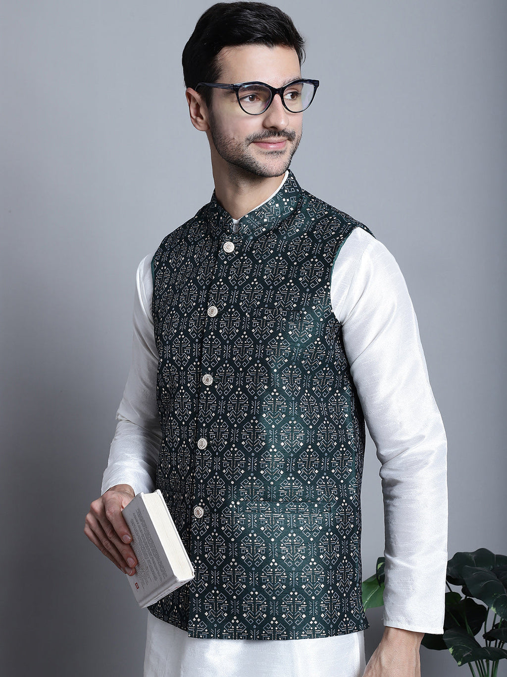 Jompers Men's Printed Nehru Jacket - Olive | Grocsy