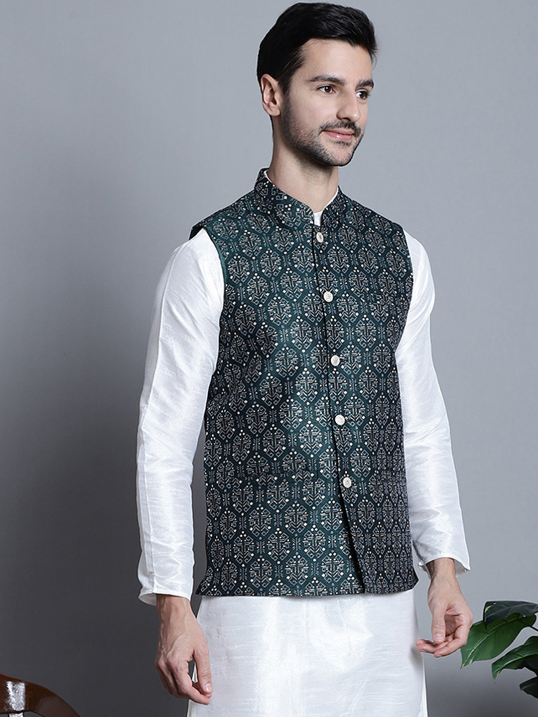 Jompers Men's Printed Nehru Jacket - Olive | Grocsy