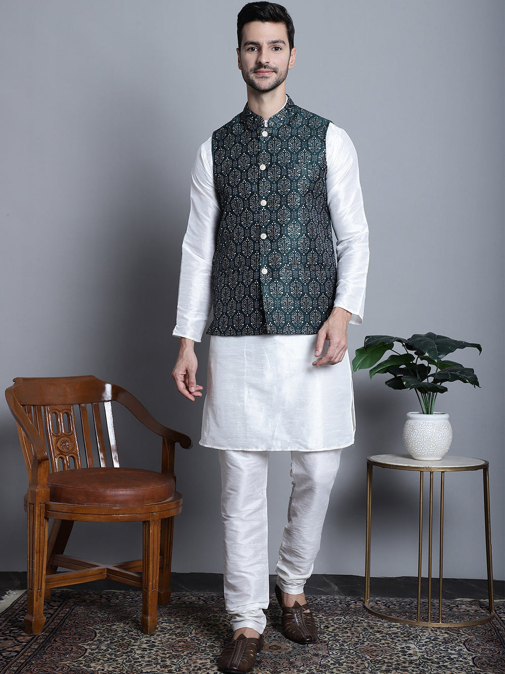 Jompers Men's Printed Nehru Jacket - Olive | Grocsy