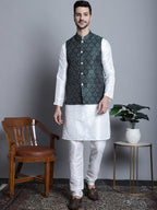 Jompers Men's Printed Nehru Jacket - Olive | Grocsy