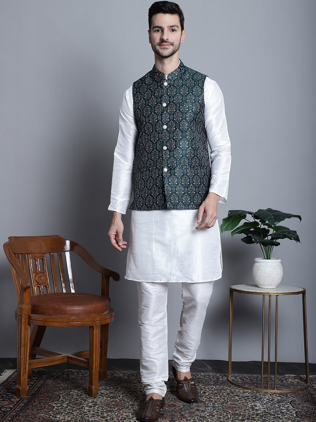 Jompers Men's Printed Nehru Jacket - Olive | Grocsy