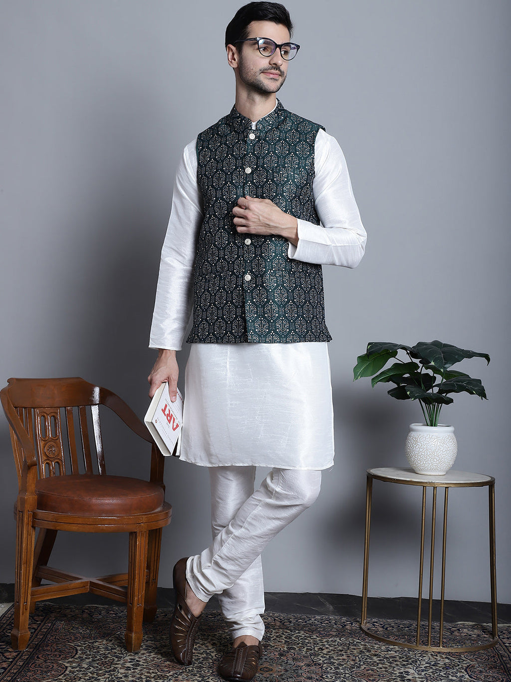 Jompers Men's Printed Nehru Jacket - Olive | Grocsy