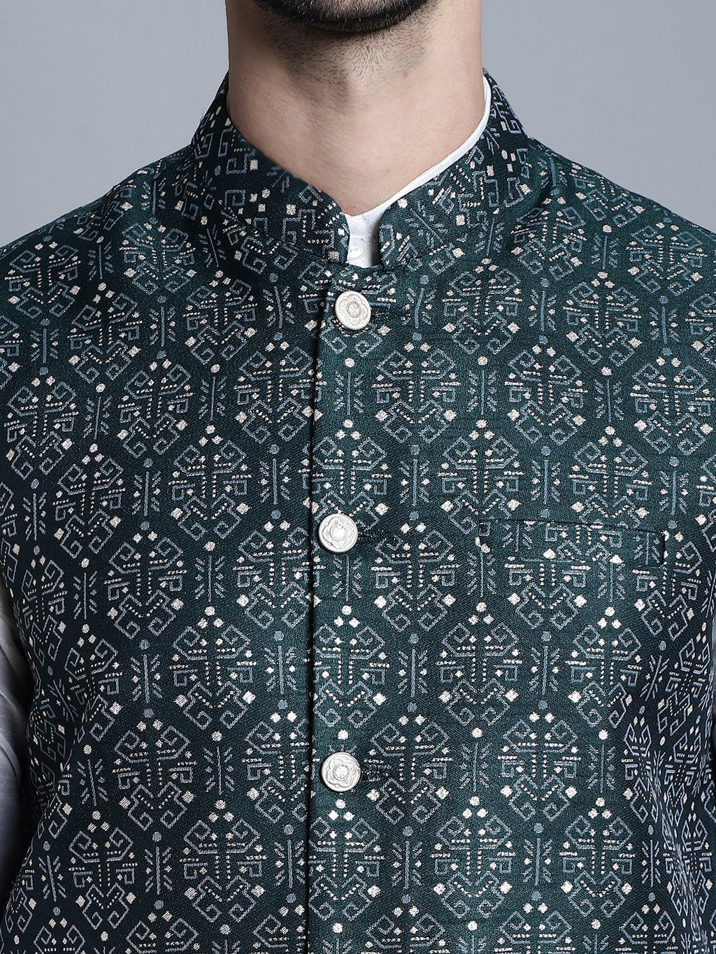 Jompers Men's Printed Nehru Jacket - Olive | Grocsy
