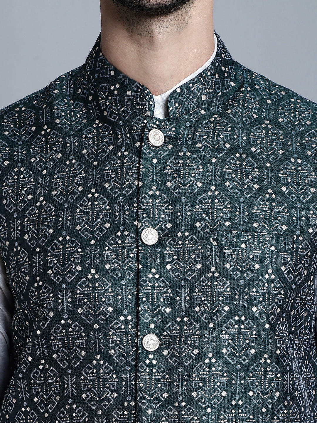 Jompers Men's Printed Nehru Jacket - Olive | Grocsy