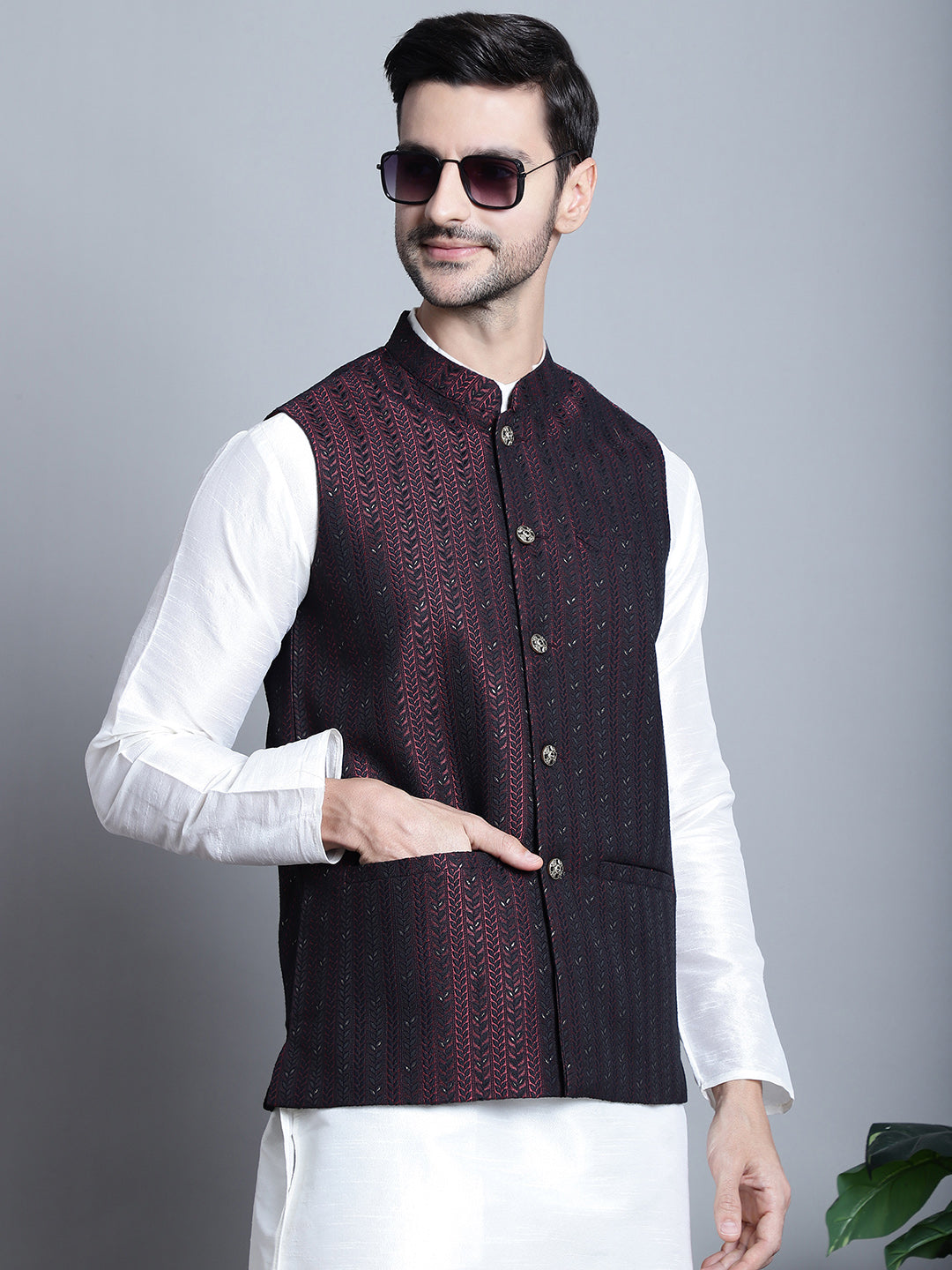 Jompers Men's Woven Design Nehru Jacket - Maroon | Grocsy