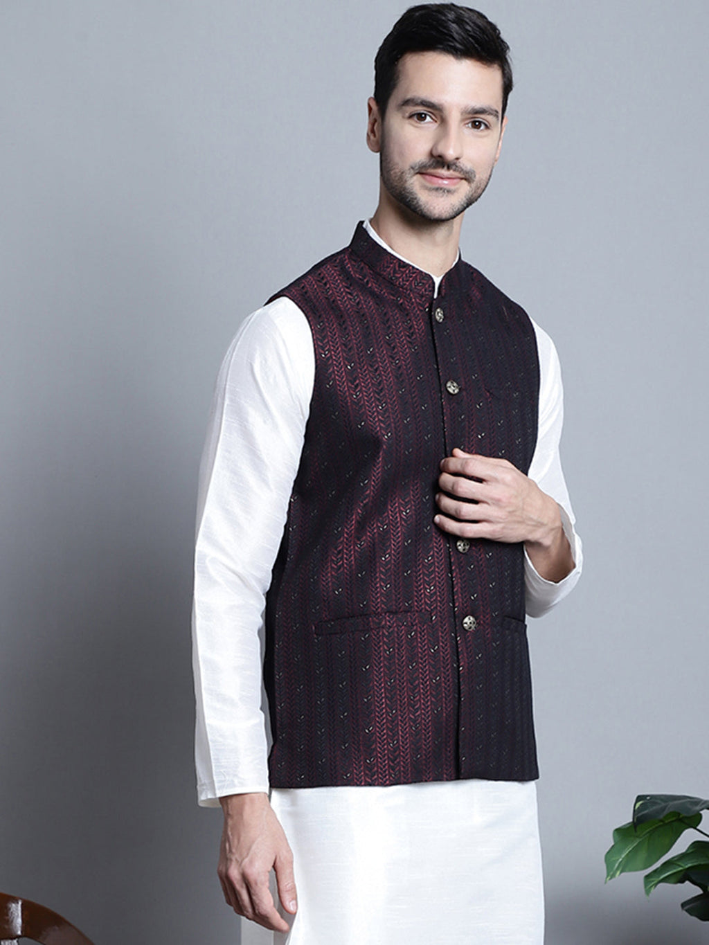 Jompers Men's Woven Design Nehru Jacket - Maroon | Grocsy