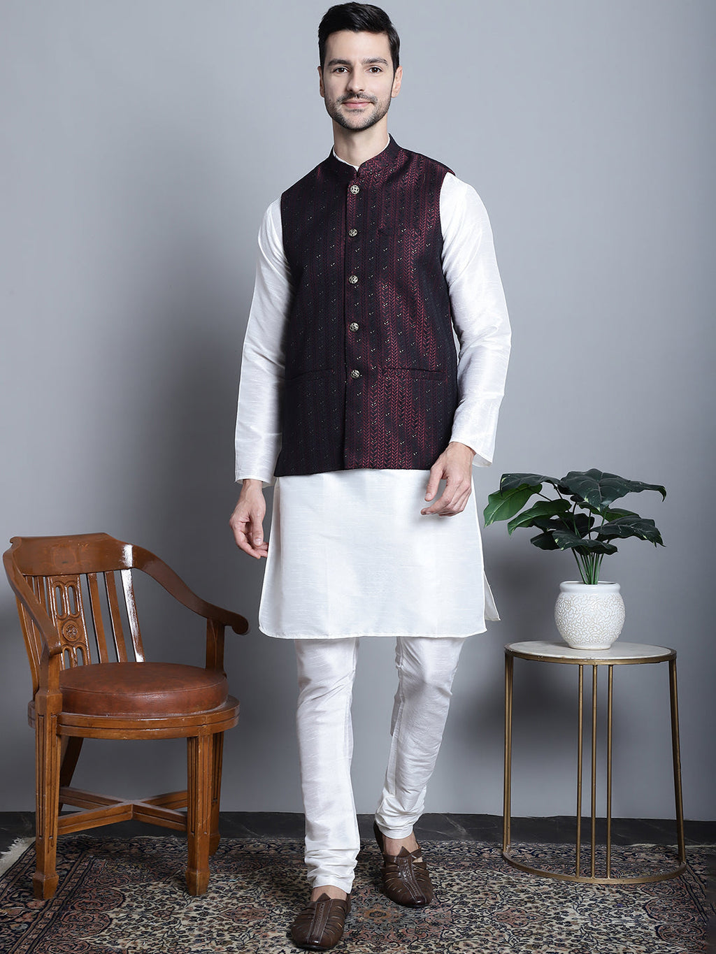 Jompers Men's Woven Design Nehru Jacket - Maroon | Grocsy