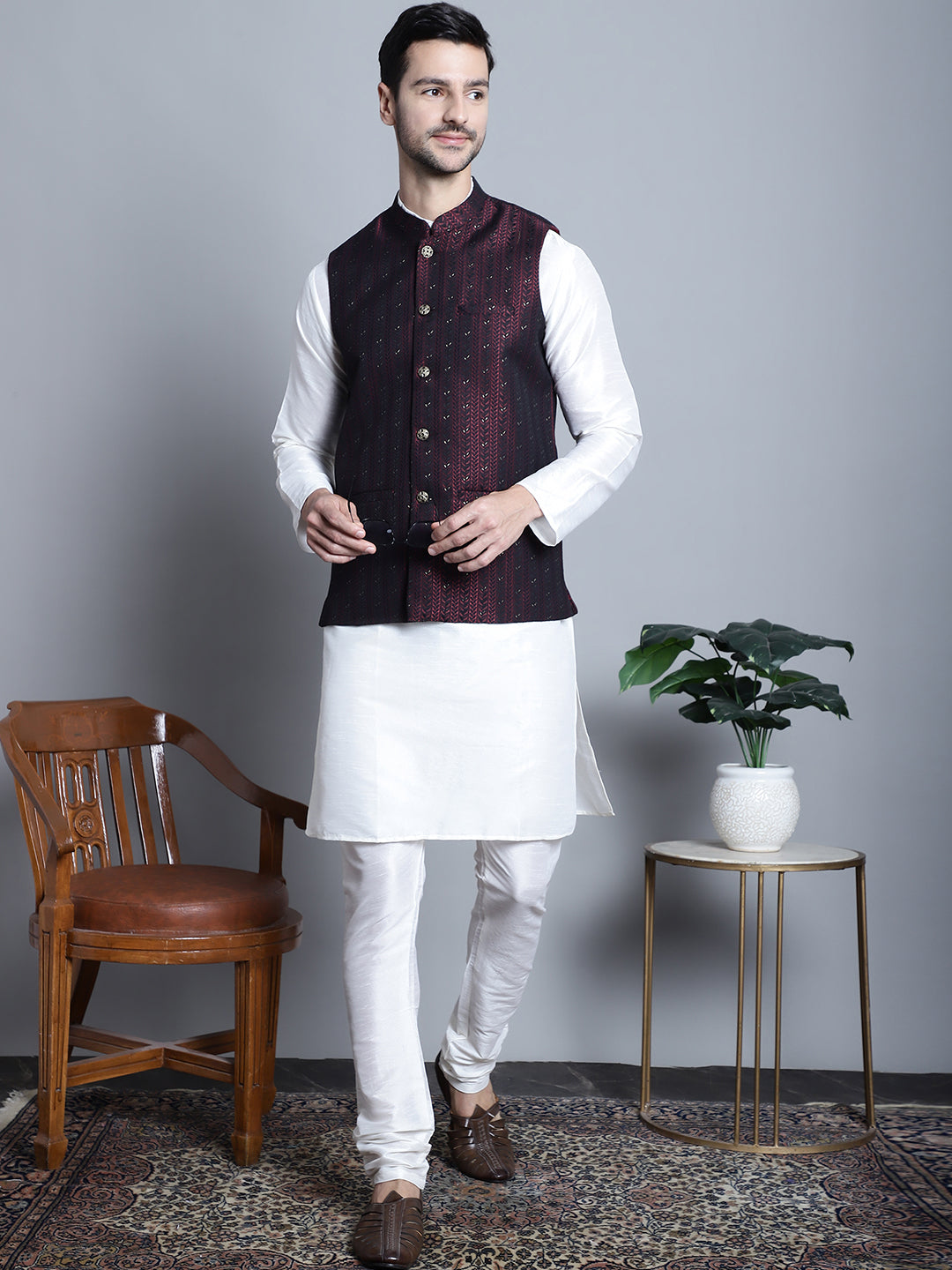 Jompers Men's Woven Design Nehru Jacket - Maroon | Grocsy