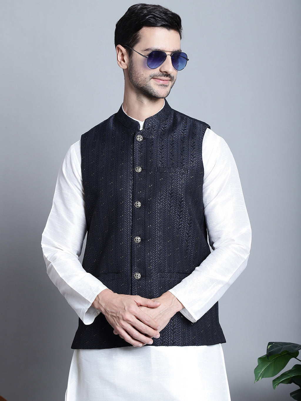 Jompers Men's Woven Design Nehru Jacket - Navy Blue | Grocsy
