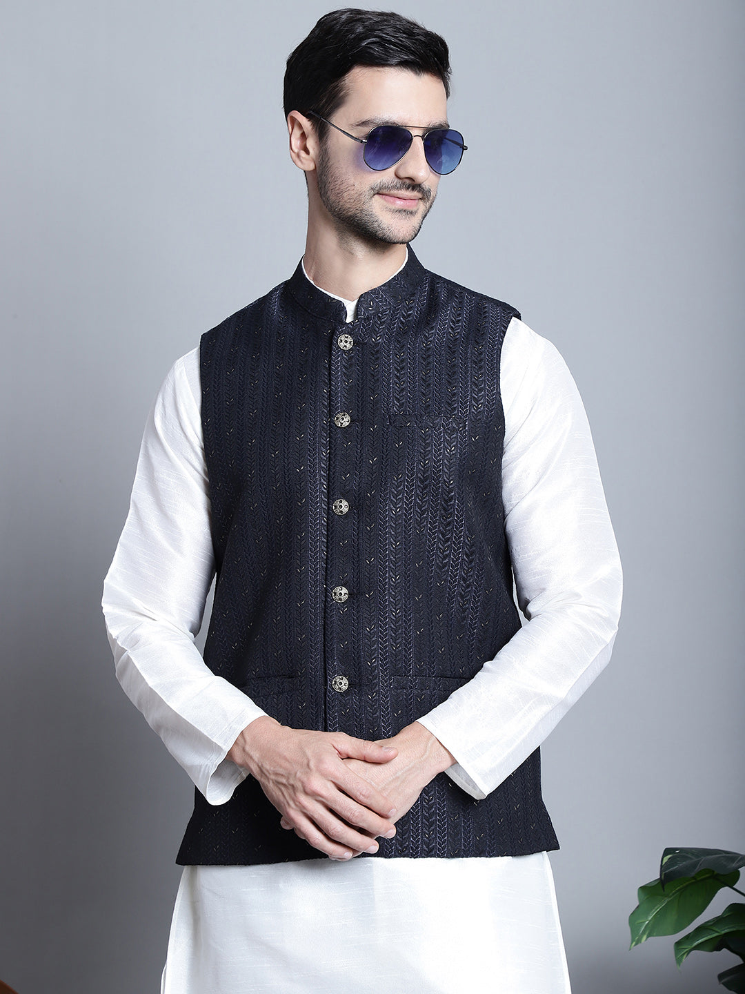 Jompers Men's Woven Design Nehru Jacket - Navy Blue | Grocsy