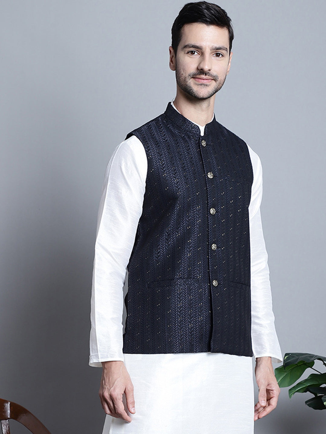 Jompers Men's Woven Design Nehru Jacket - Navy Blue | Grocsy