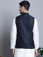 Jompers Men's Woven Design Nehru Jacket - Navy Blue | Grocsy