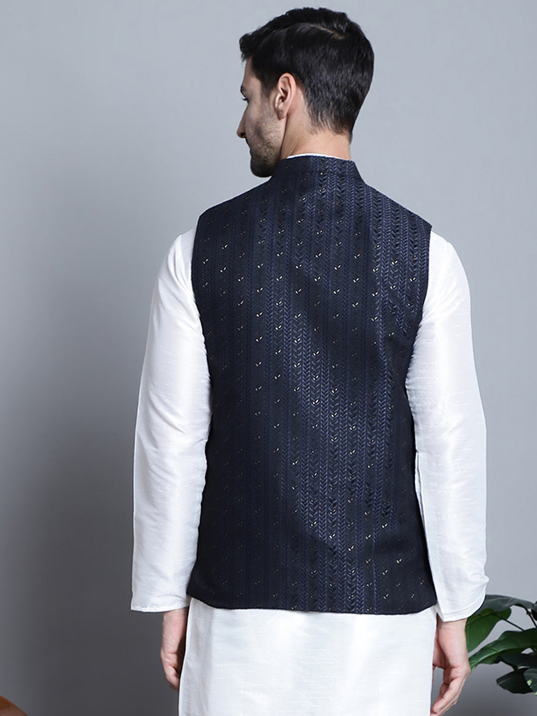 Jompers Men's Woven Design Nehru Jacket - Navy Blue | Grocsy