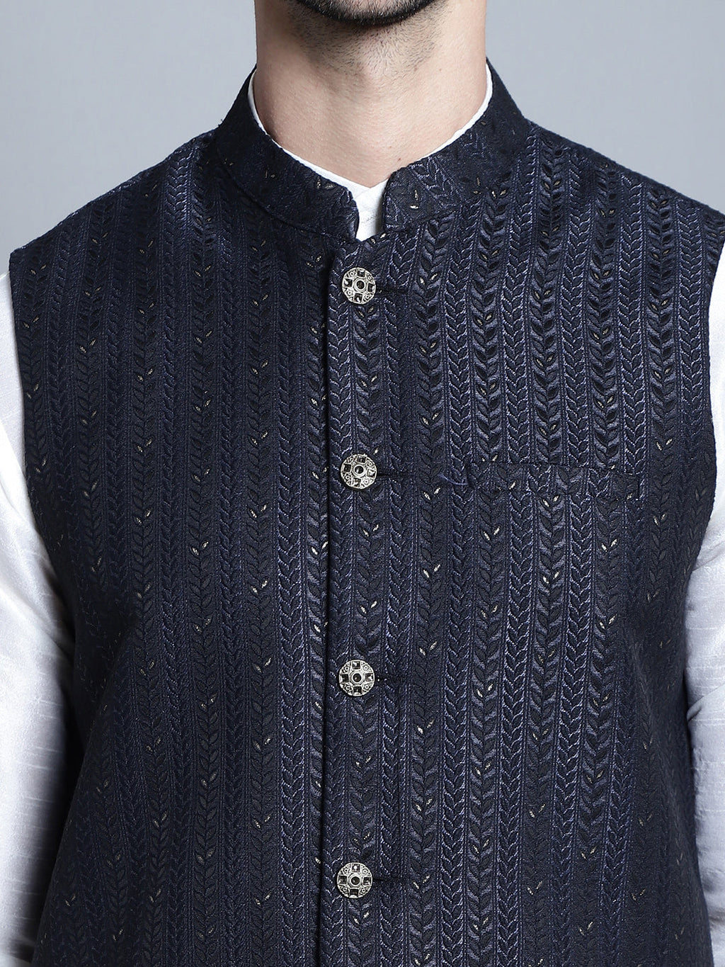 Jompers Men's Woven Design Nehru Jacket - Navy Blue | Grocsy