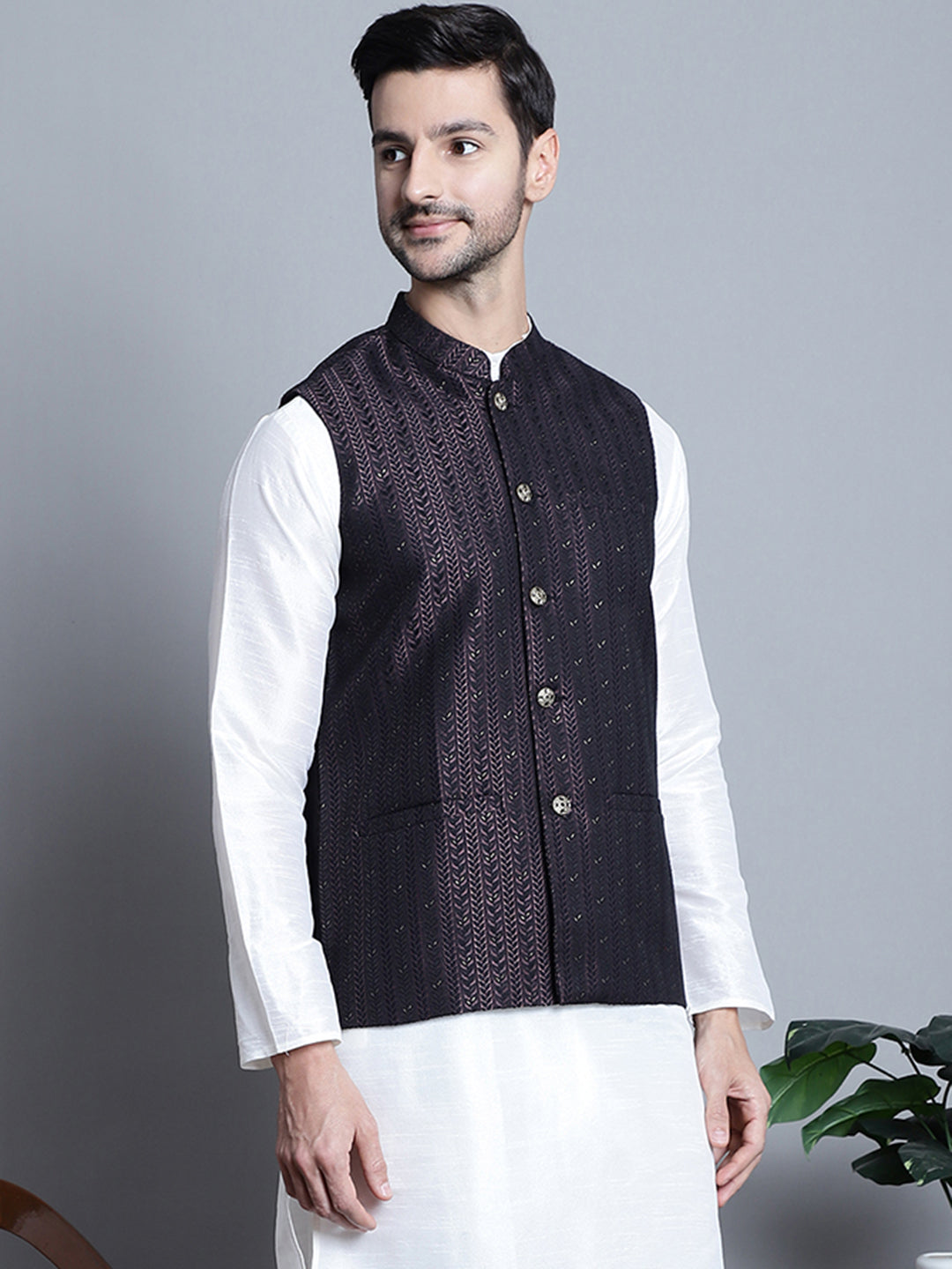 Jompers Men's Woven Design Nehru Jacket - Purple | Grocsy
