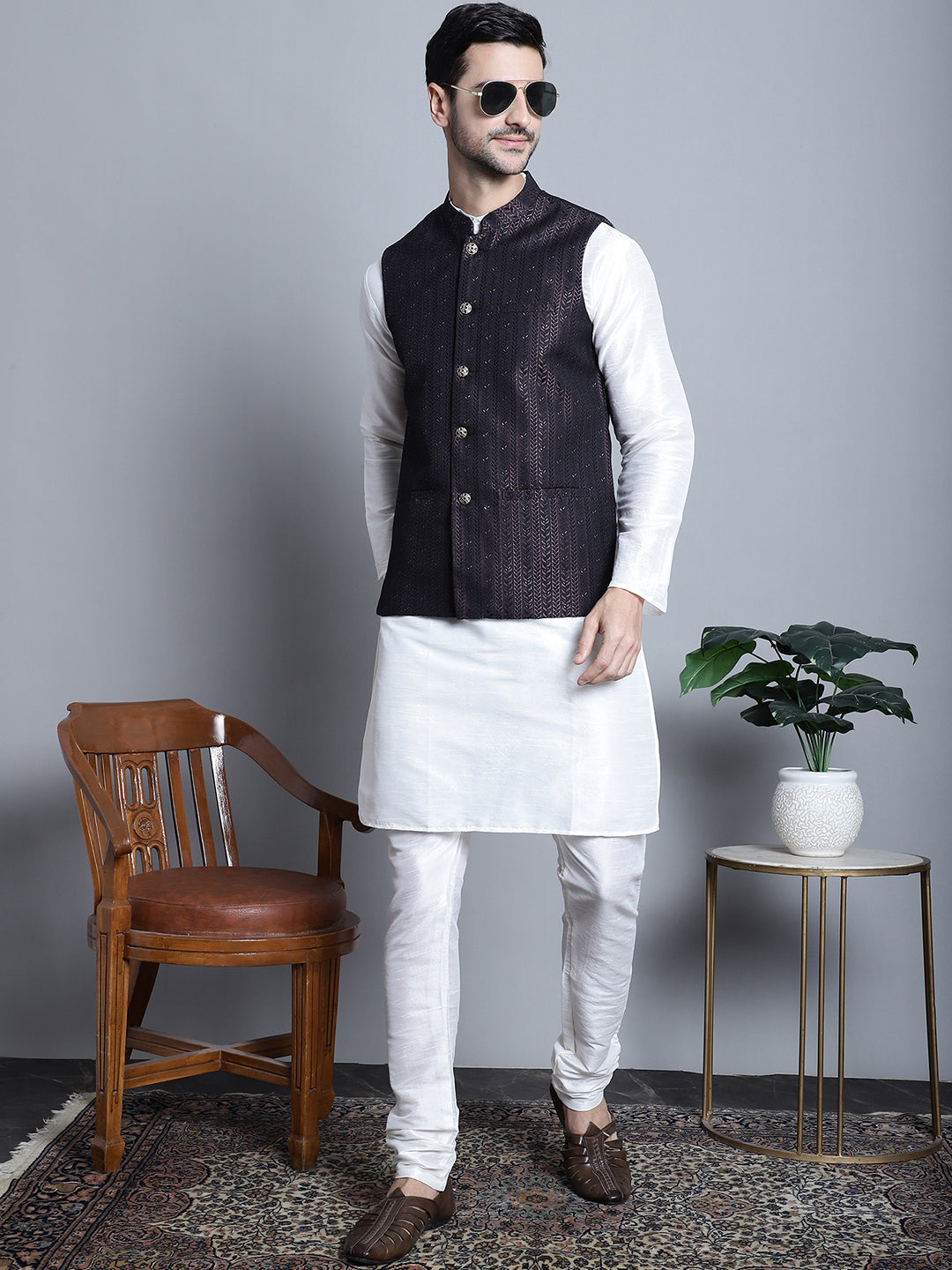 Jompers Men's Woven Design Nehru Jacket - Purple | Grocsy