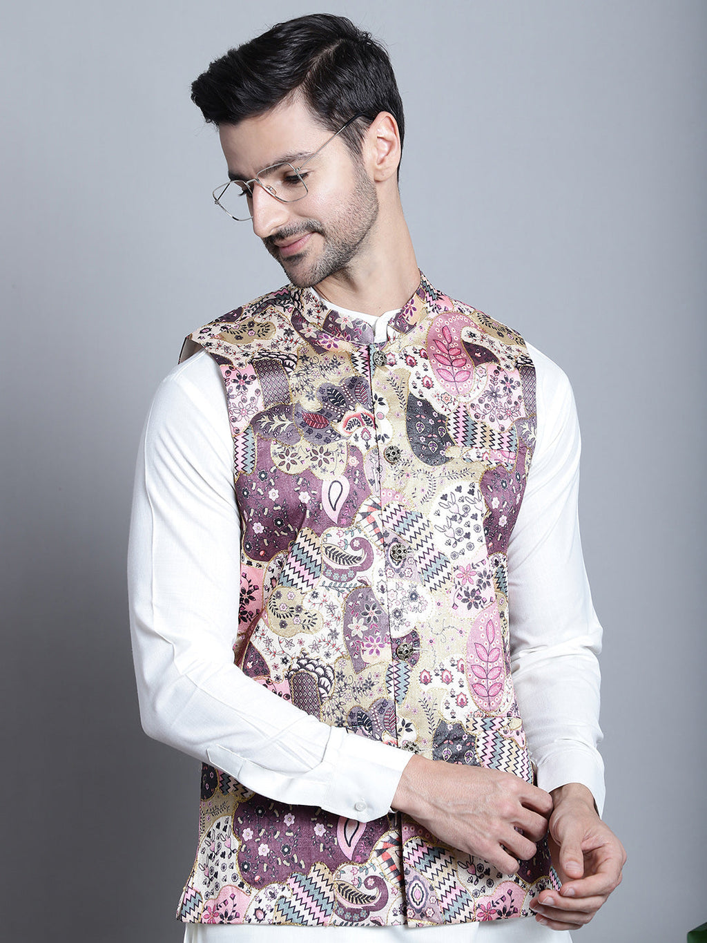 Jompers Men's Printed With Zari Work Nehru Jacket - Purple | Grocsy