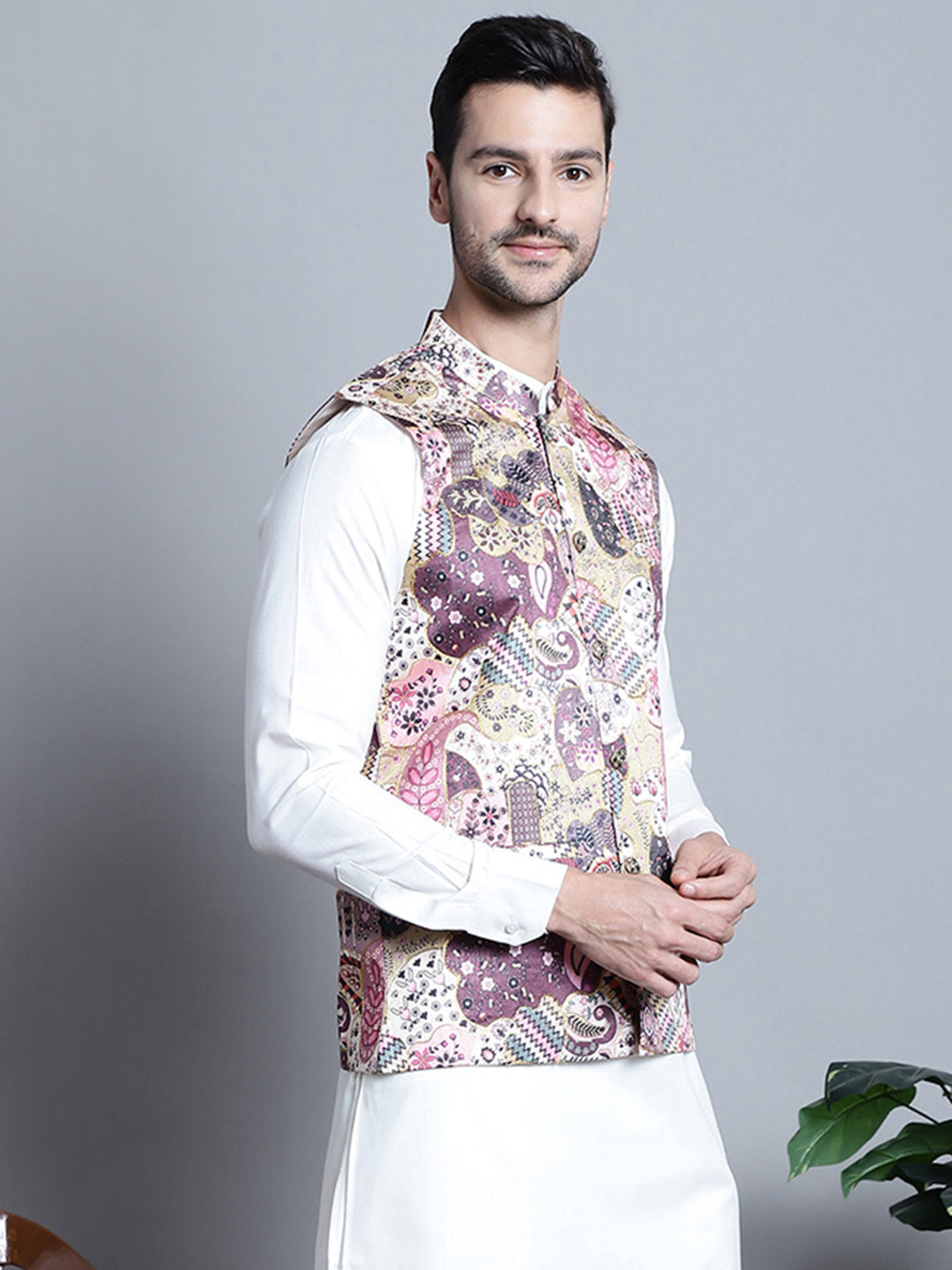 Jompers Men's Printed With Zari Work Nehru Jacket - Purple | Grocsy