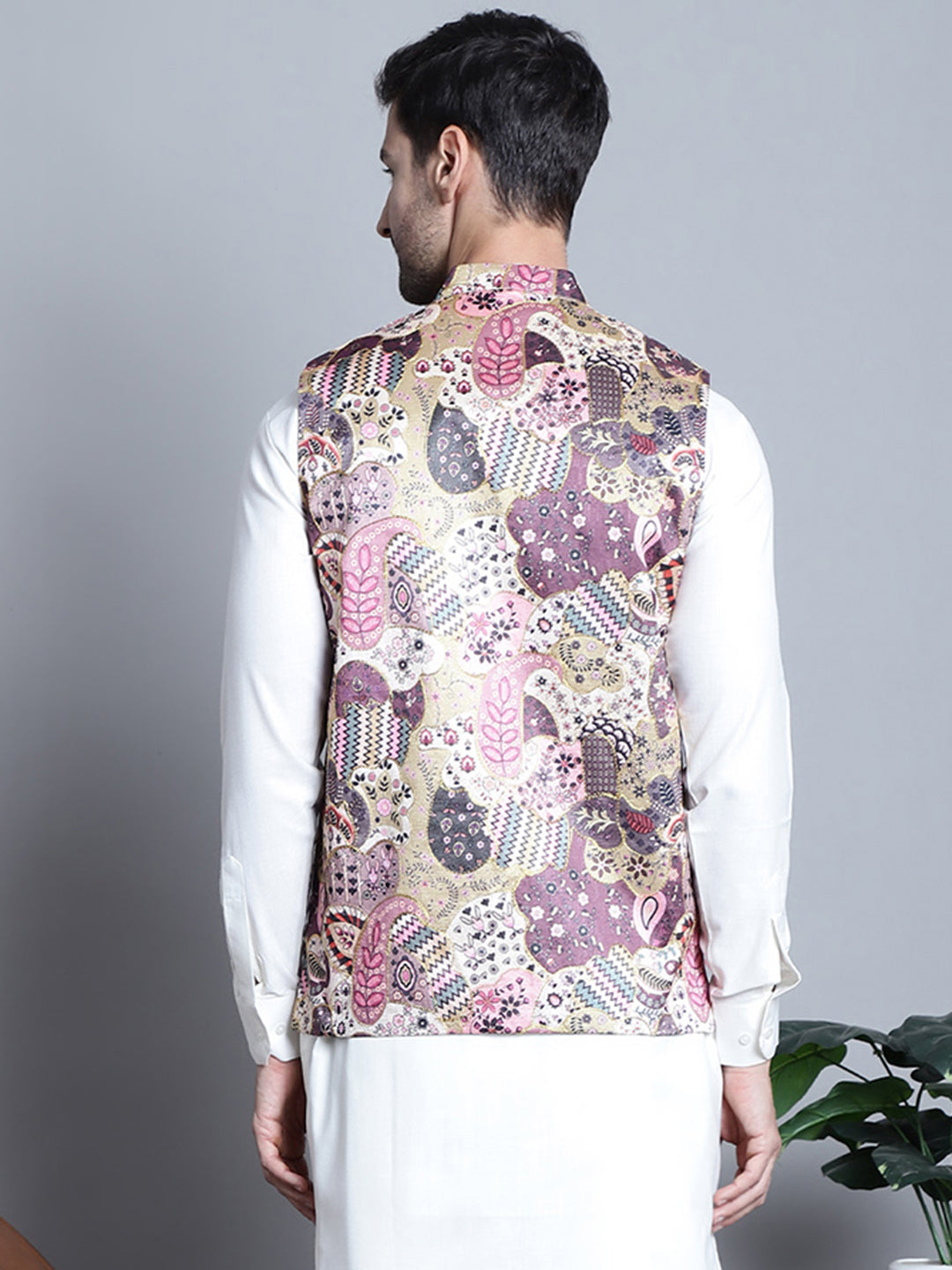 Jompers Men's Printed With Zari Work Nehru Jacket - Purple | Grocsy