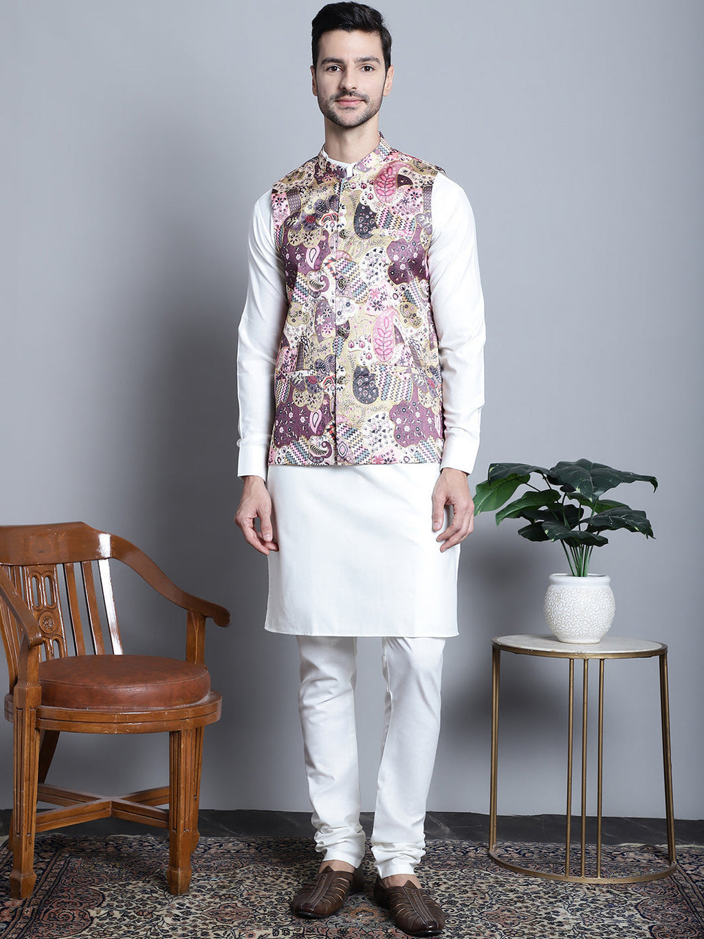 Jompers Men's Printed With Zari Work Nehru Jacket - Purple | Grocsy