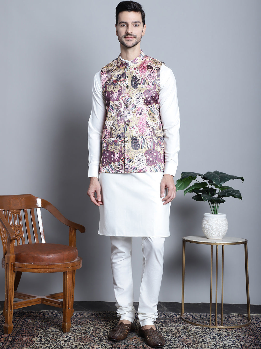 Jompers Men's Printed With Zari Work Nehru Jacket - Purple | Grocsy