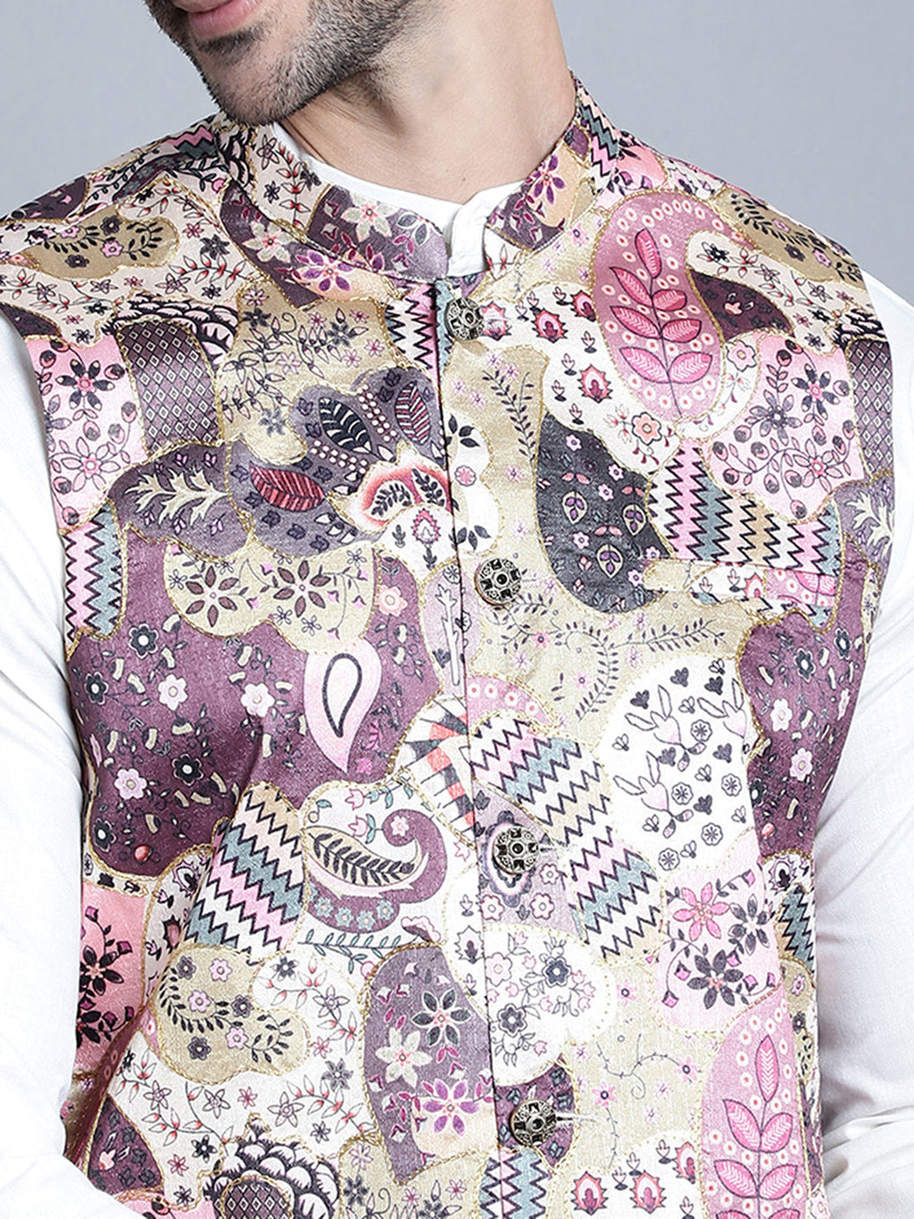 Jompers Men's Printed With Zari Work Nehru Jacket - Purple | Grocsy