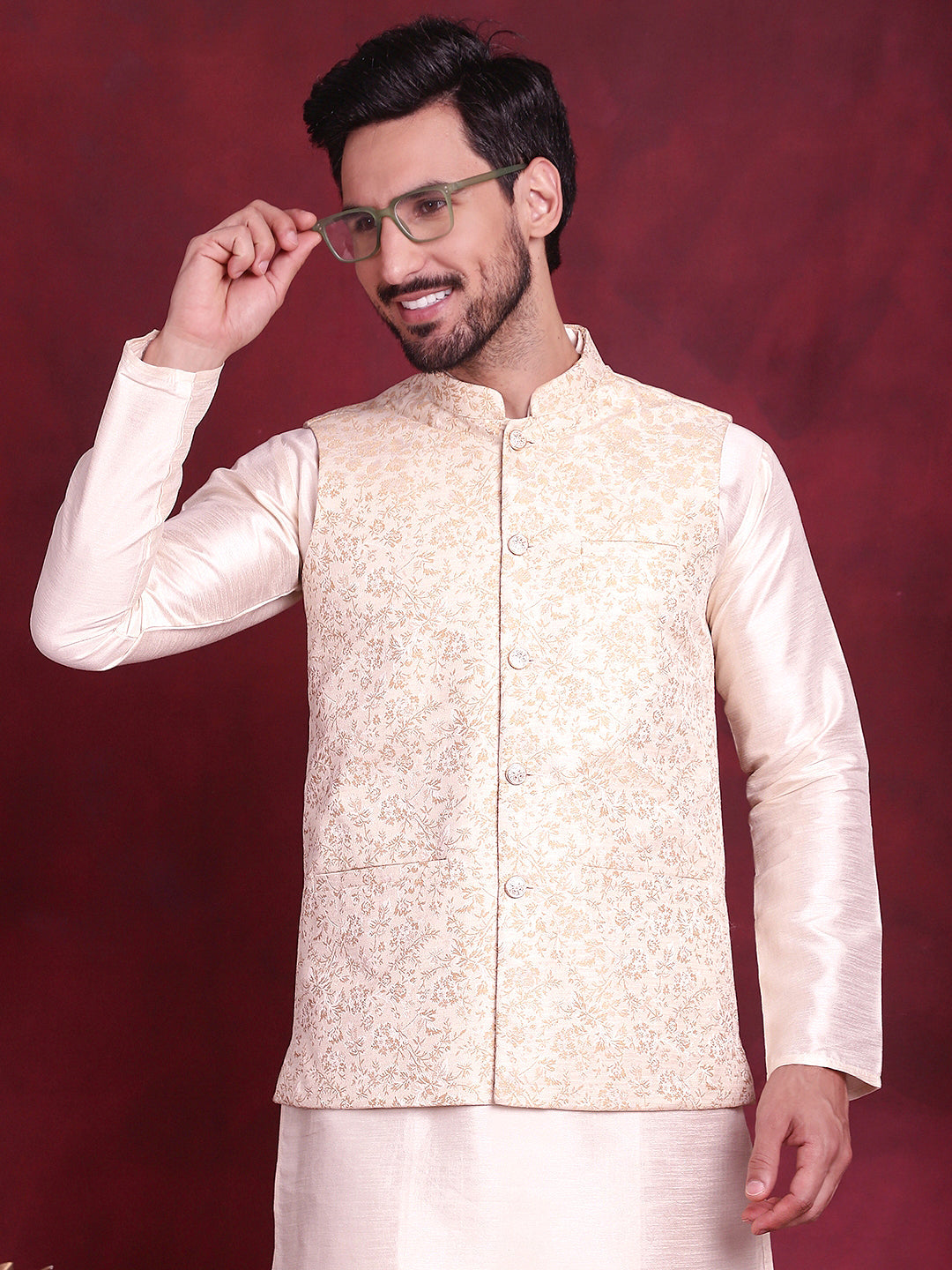 Jompers Men's Woven Design Nehru Jacket - Cream | Grocsy