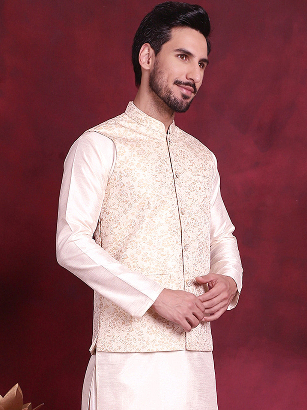 Jompers Men's Woven Design Nehru Jacket - Cream | Grocsy