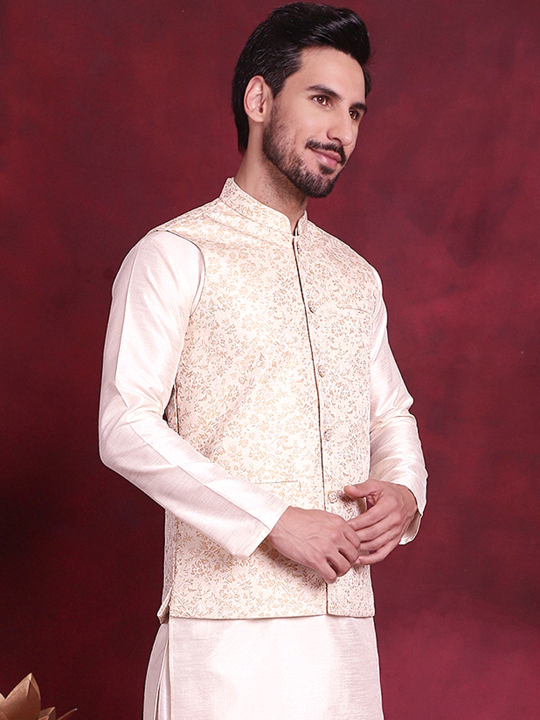 Jompers Men's Woven Design Nehru Jacket - Cream | Grocsy