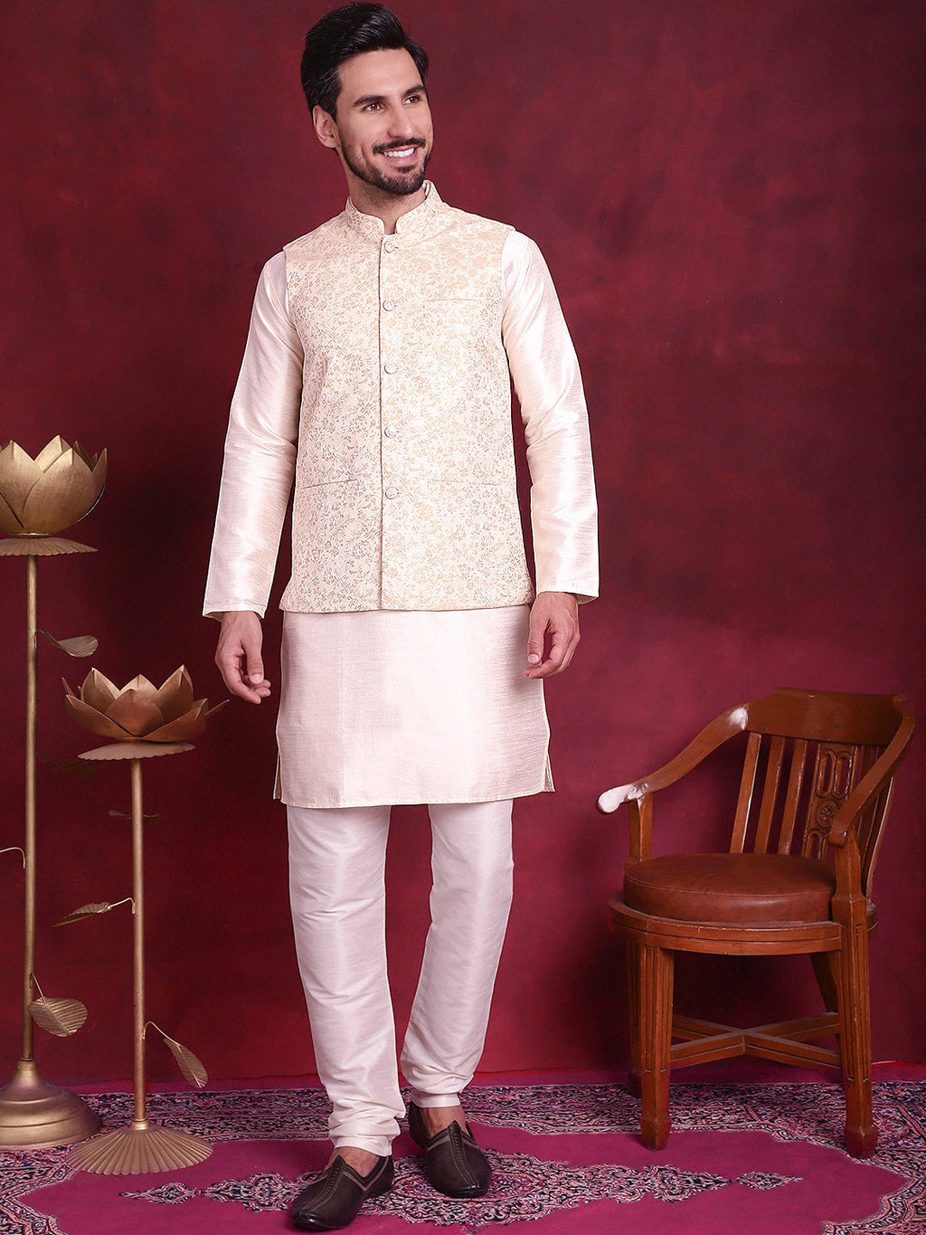Jompers Men's Woven Design Nehru Jacket - Cream | Grocsy