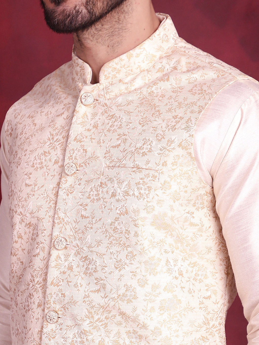 Jompers Men's Woven Design Nehru Jacket - Cream | Grocsy