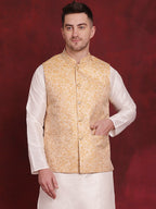 Jompers Men's Golden Woven Design Nehru Jacket - Golden | Grocsy