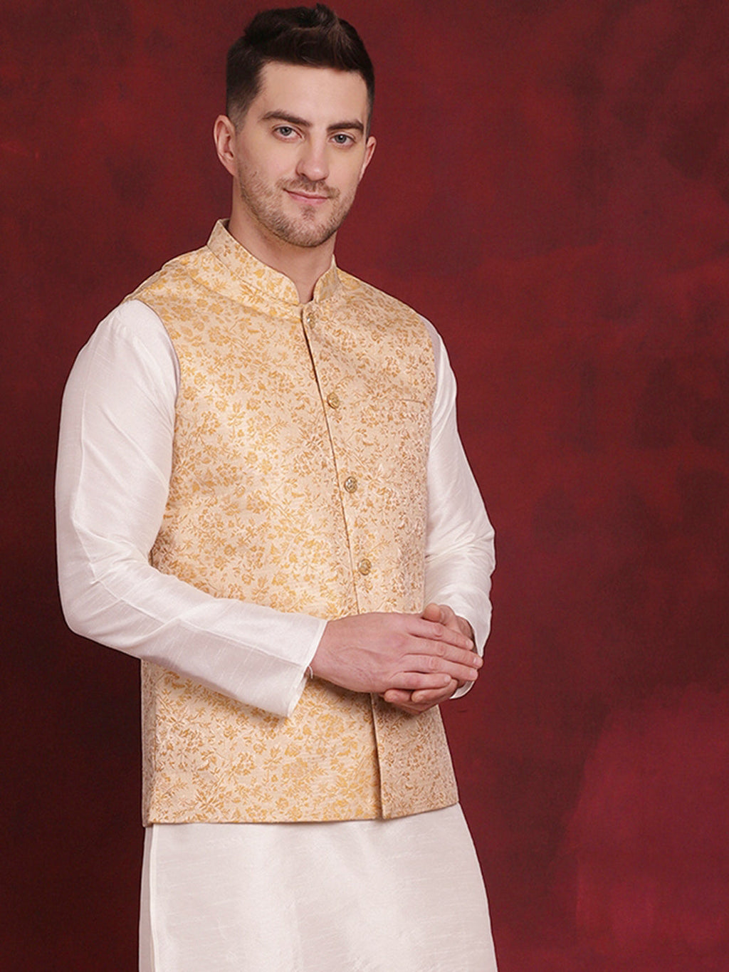 Jompers Men's Golden Woven Design Nehru Jacket - Golden | Grocsy