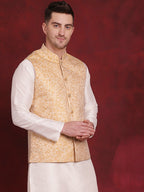 Jompers Men's Golden Woven Design Nehru Jacket - Golden | Grocsy