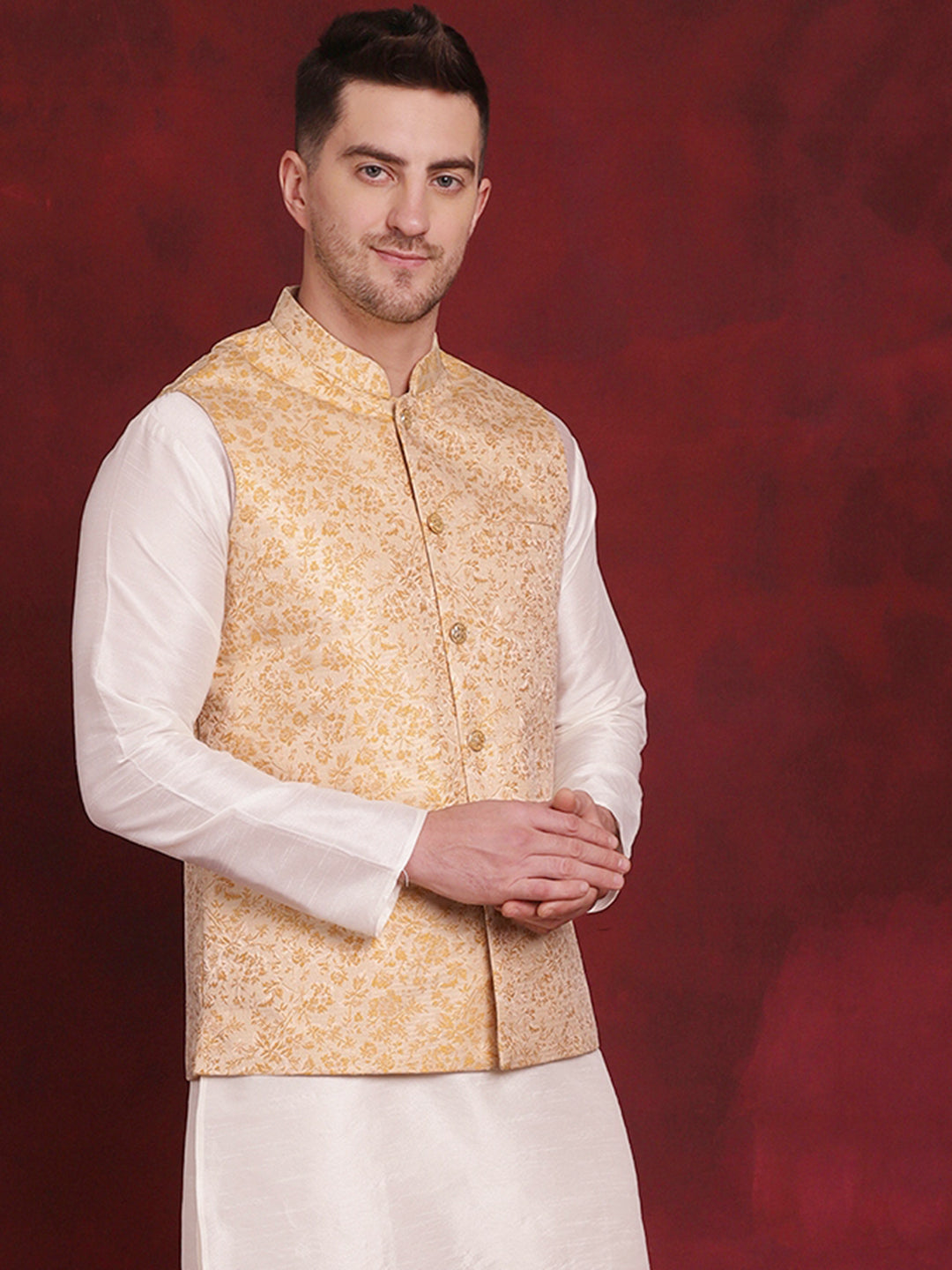 Jompers Men's Golden Woven Design Nehru Jacket - Golden | Grocsy