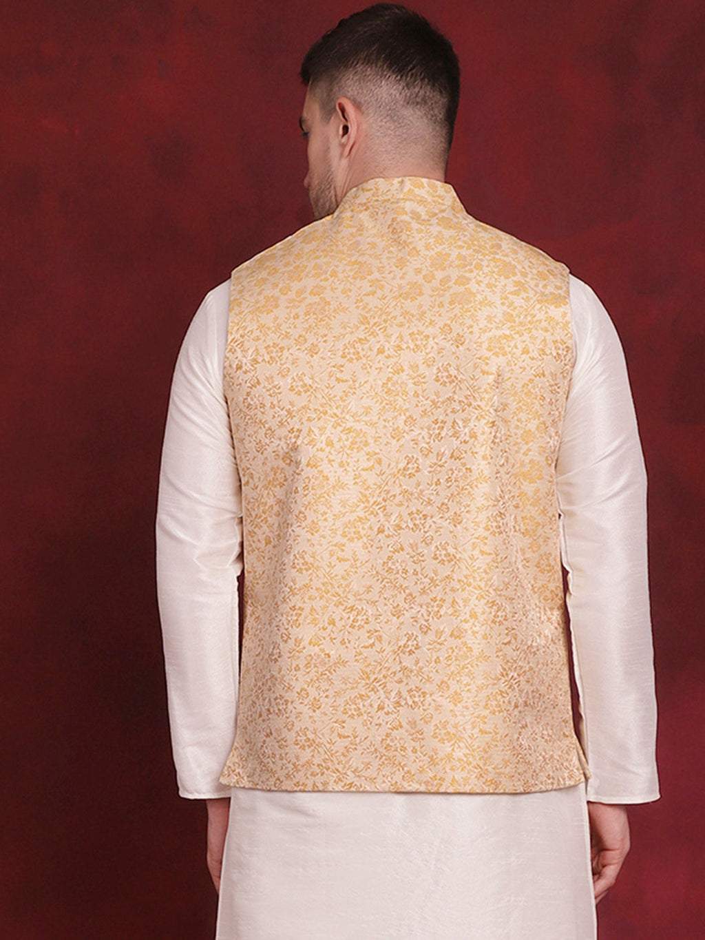 Jompers Men's Golden Woven Design Nehru Jacket - Golden | Grocsy