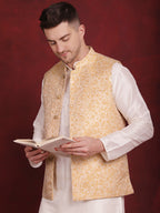 Jompers Men's Golden Woven Design Nehru Jacket - Golden | Grocsy