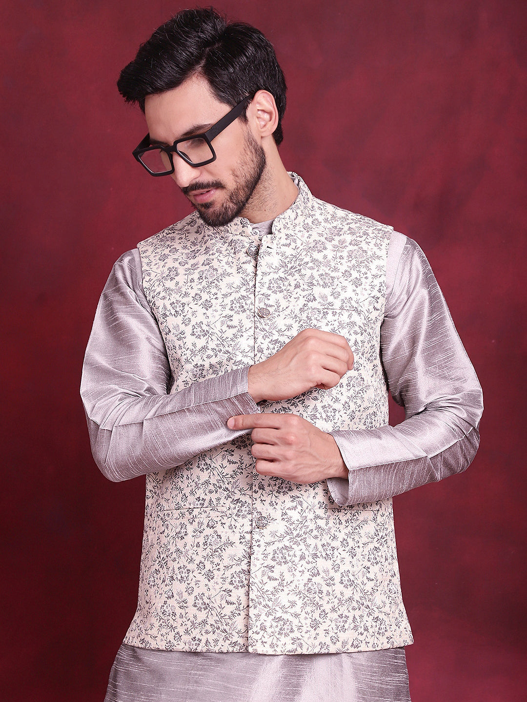 Jompers Men's Woven Design Nehru Jacket - Grey | Grocsy
