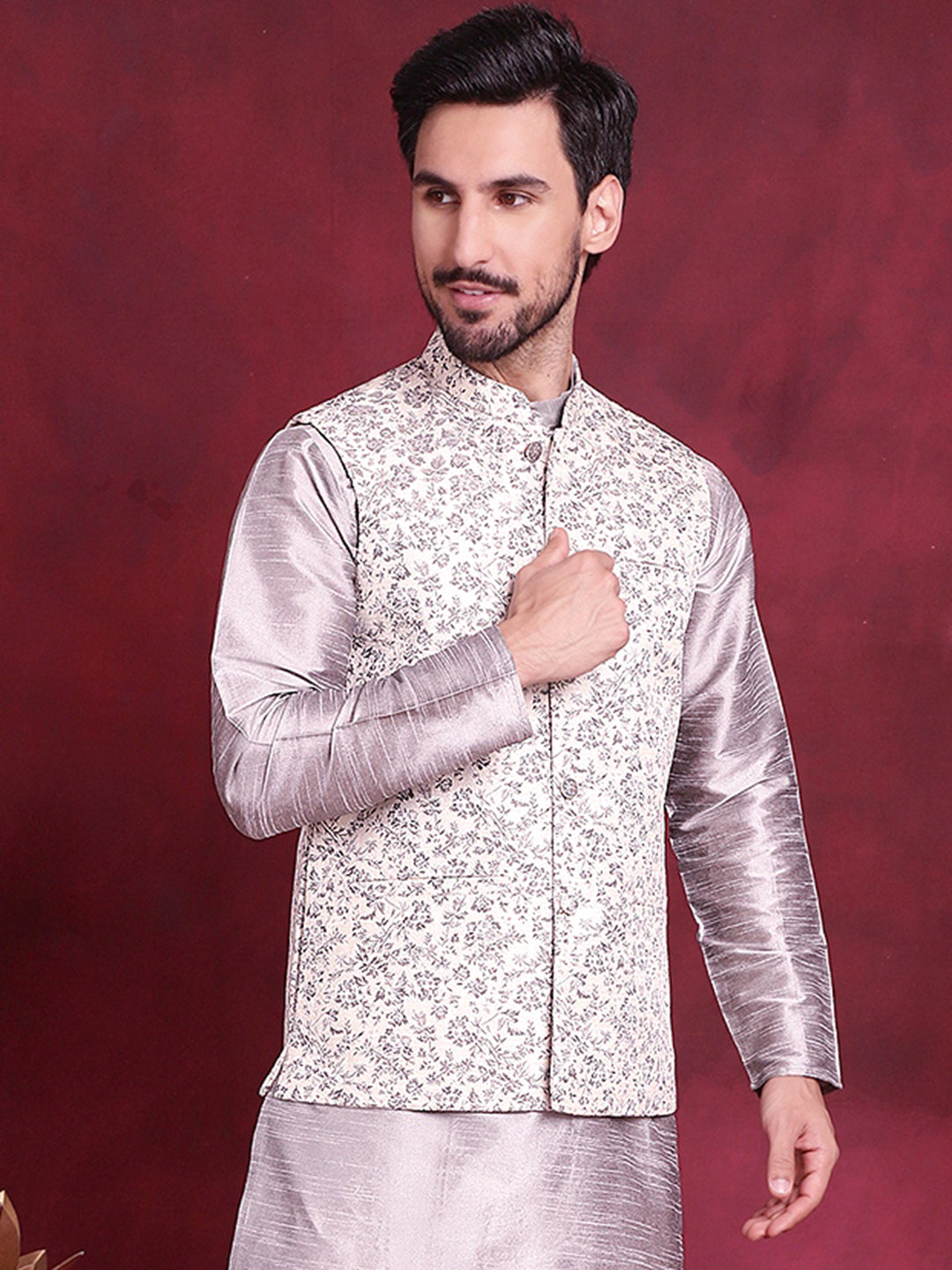 Jompers Men's Woven Design Nehru Jacket - Grey | Grocsy