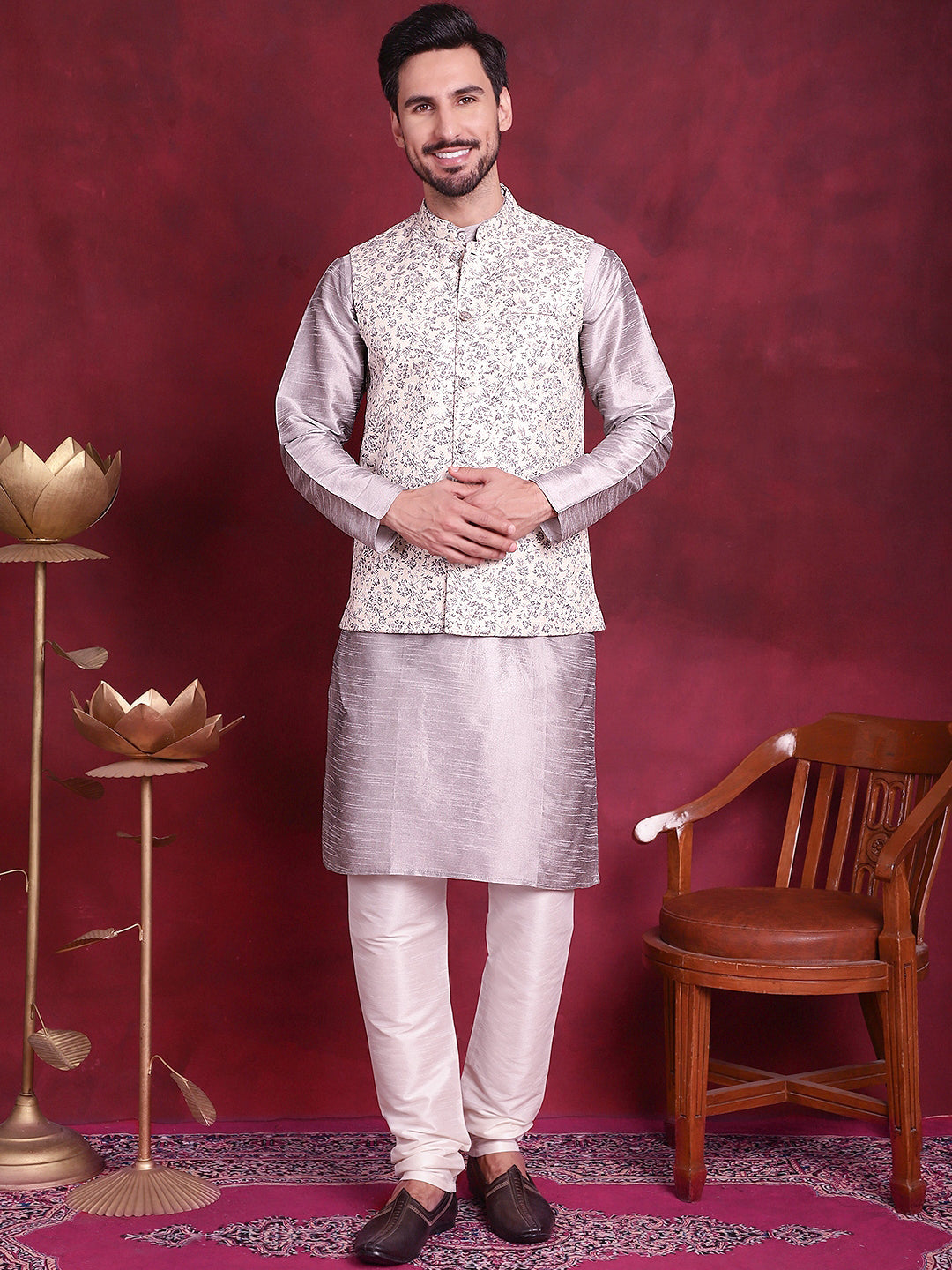 Jompers Men's Woven Design Nehru Jacket - Grey | Grocsy