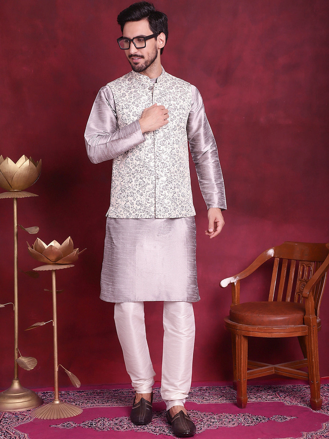 Jompers Men's Woven Design Nehru Jacket - Grey | Grocsy