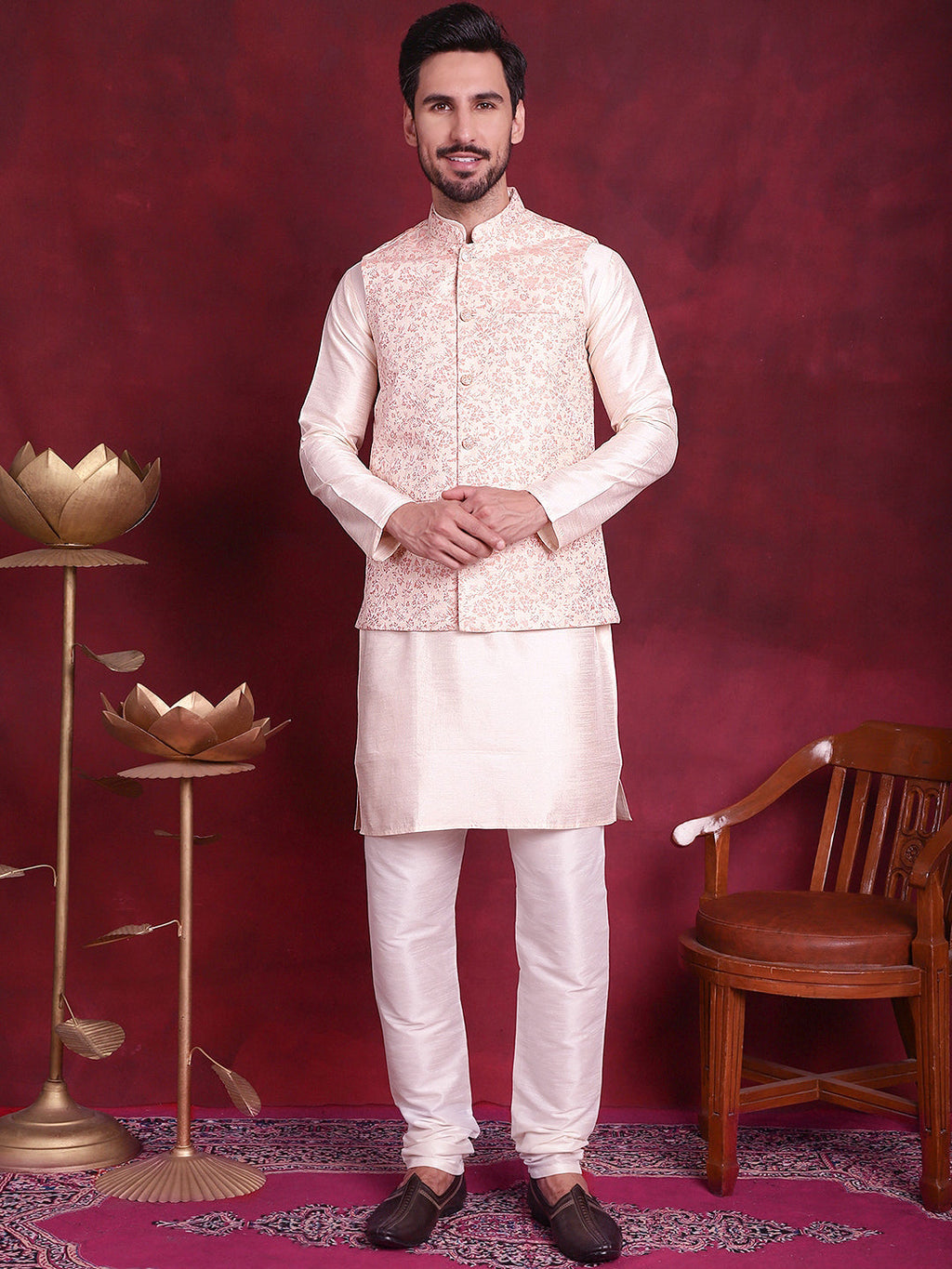 Jompers Men's Woven Design Nehru Jacket - Pink | Grocsy