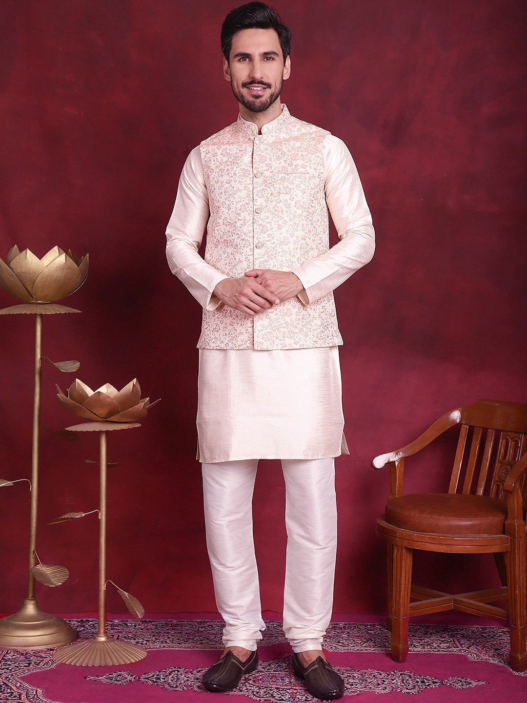 Jompers Men's Woven Design Nehru Jacket - Pink | Grocsy