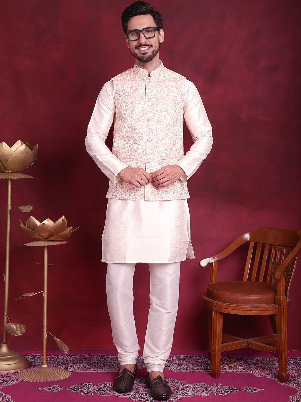 Jompers Men's Woven Design Nehru Jacket - Pink | Grocsy